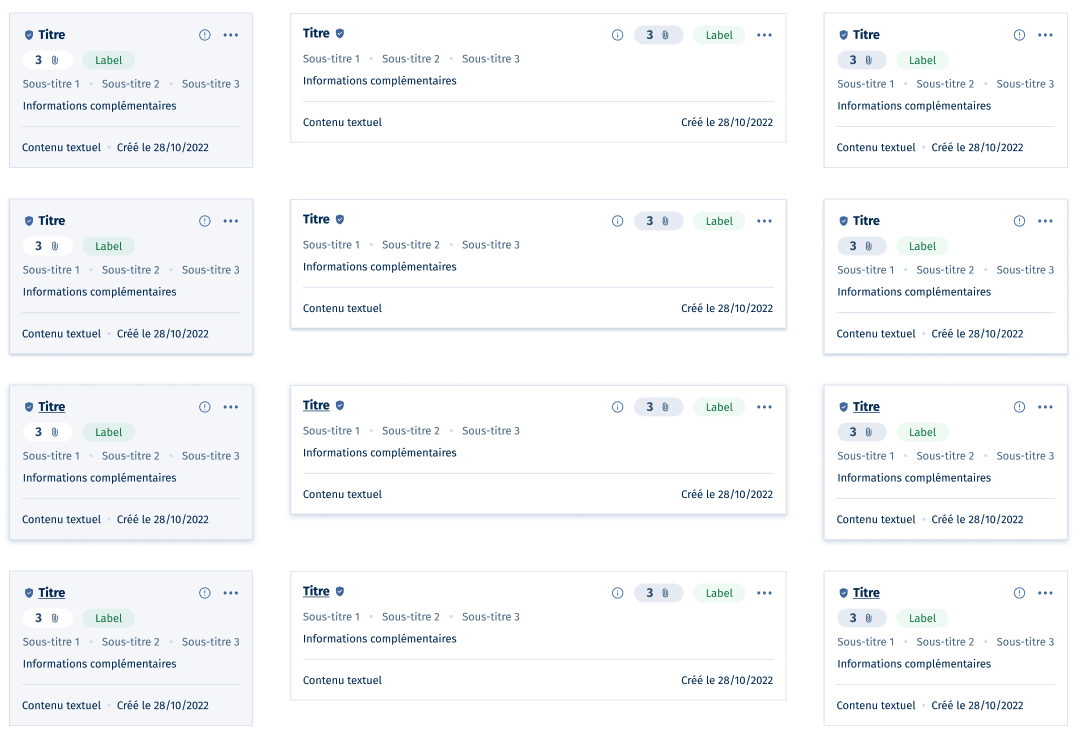 Variantes d'un composant de carte dans la bibliothèque Figma du Design System Actiris