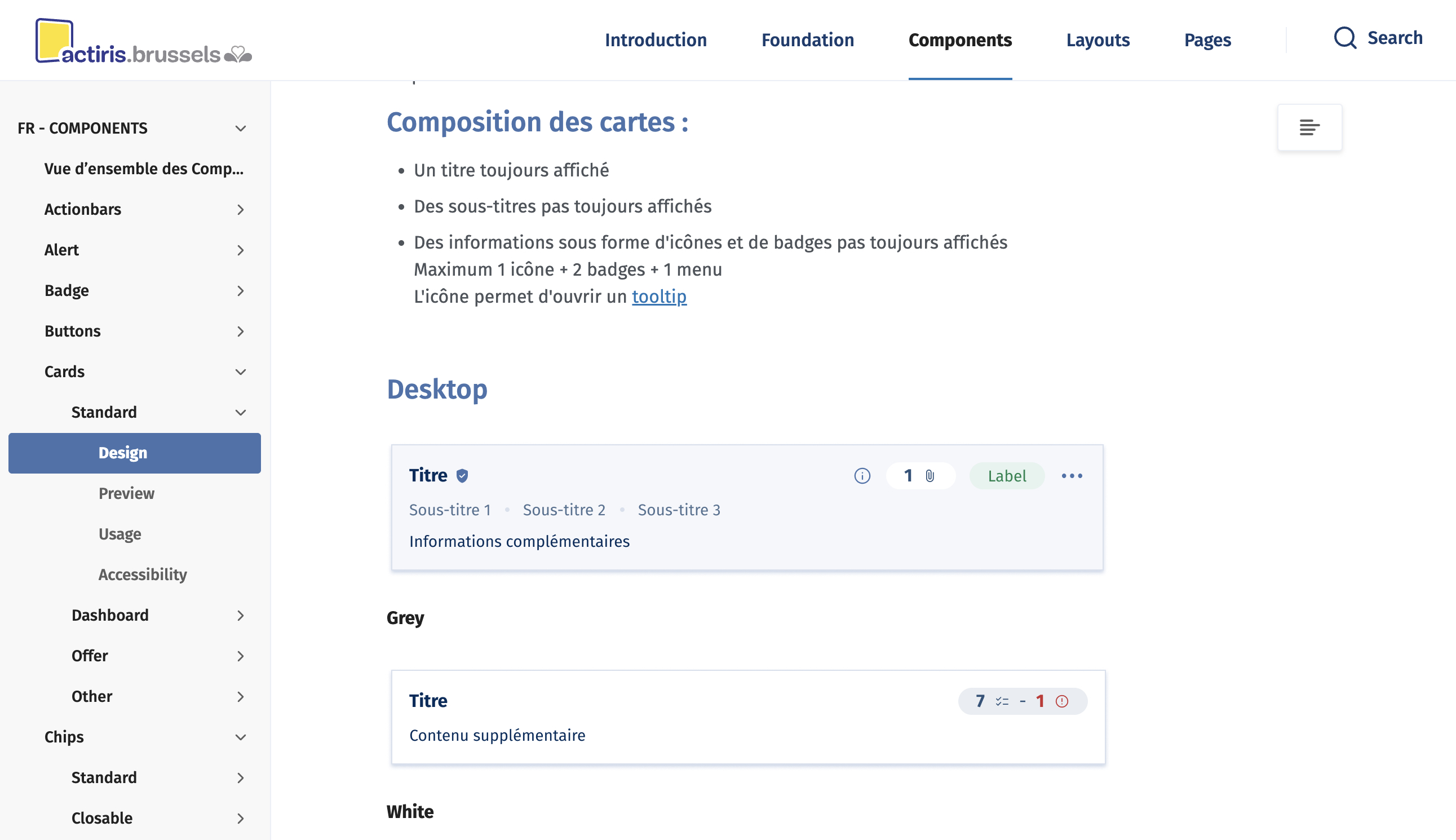 Documentation d'un composant du Design System Actiris dans ZeroHeight