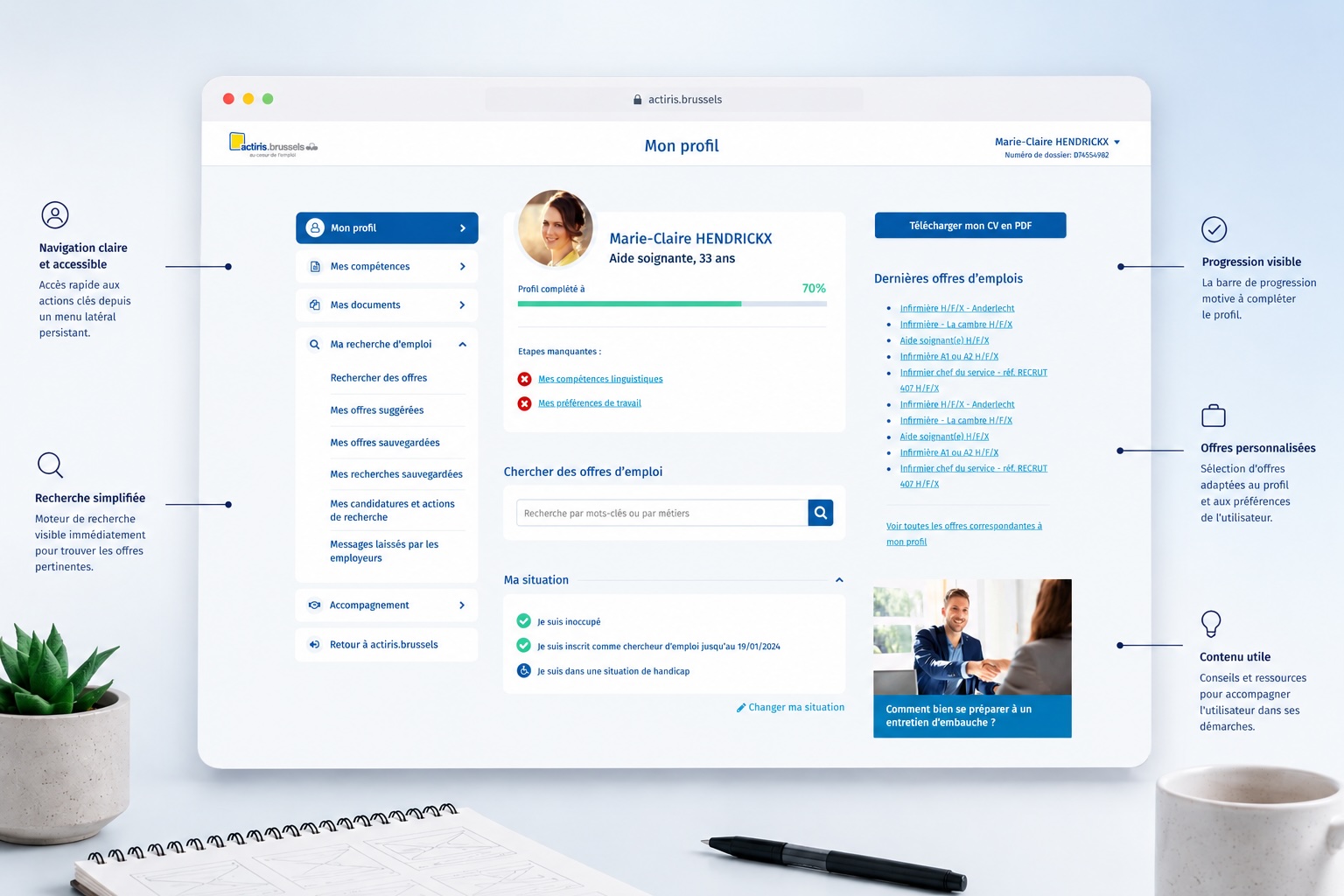 Exemple de wireframe haute-fidélité en couleur pour Actiris