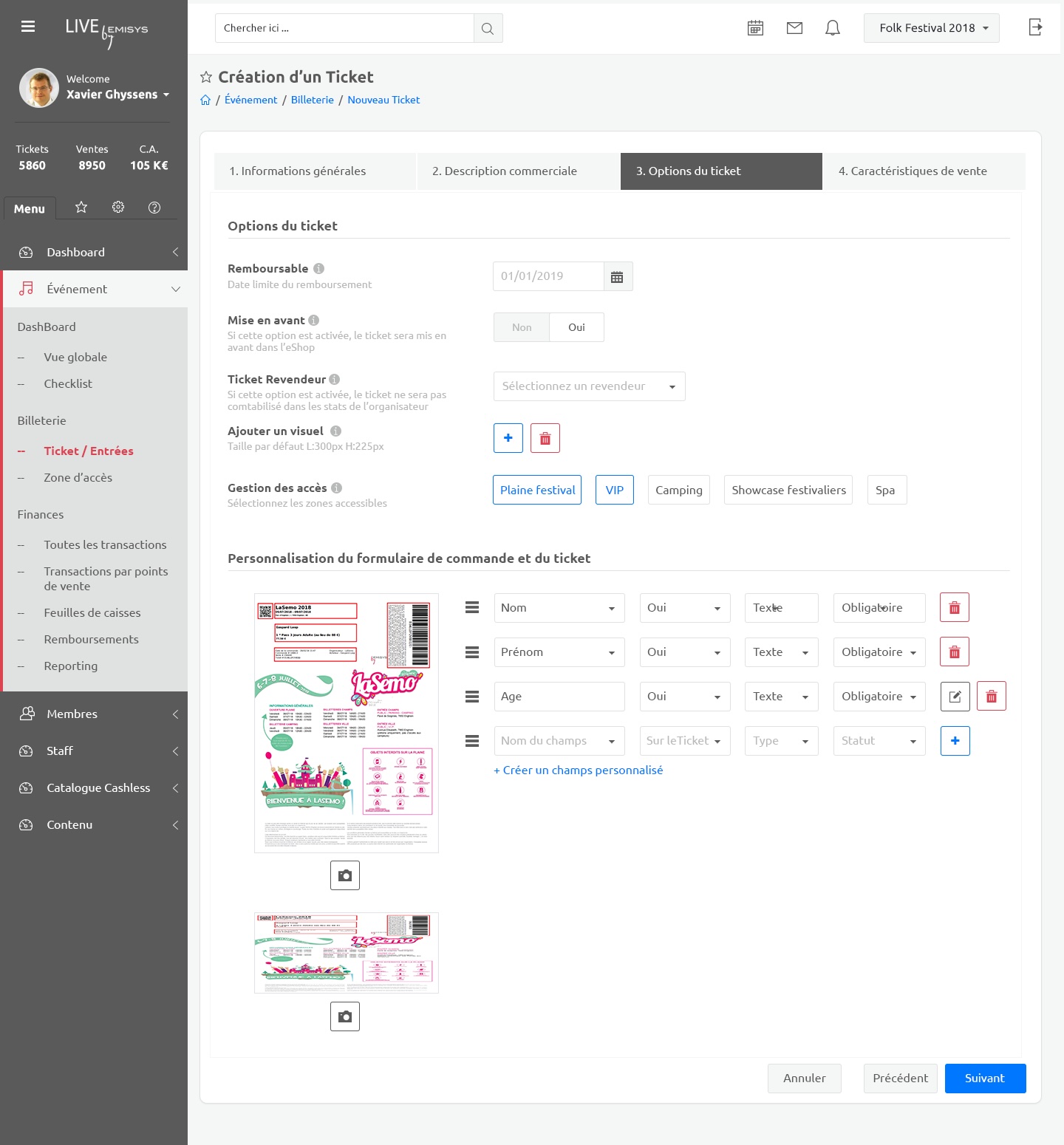 Interface de création de billets dans le back-office Emisys