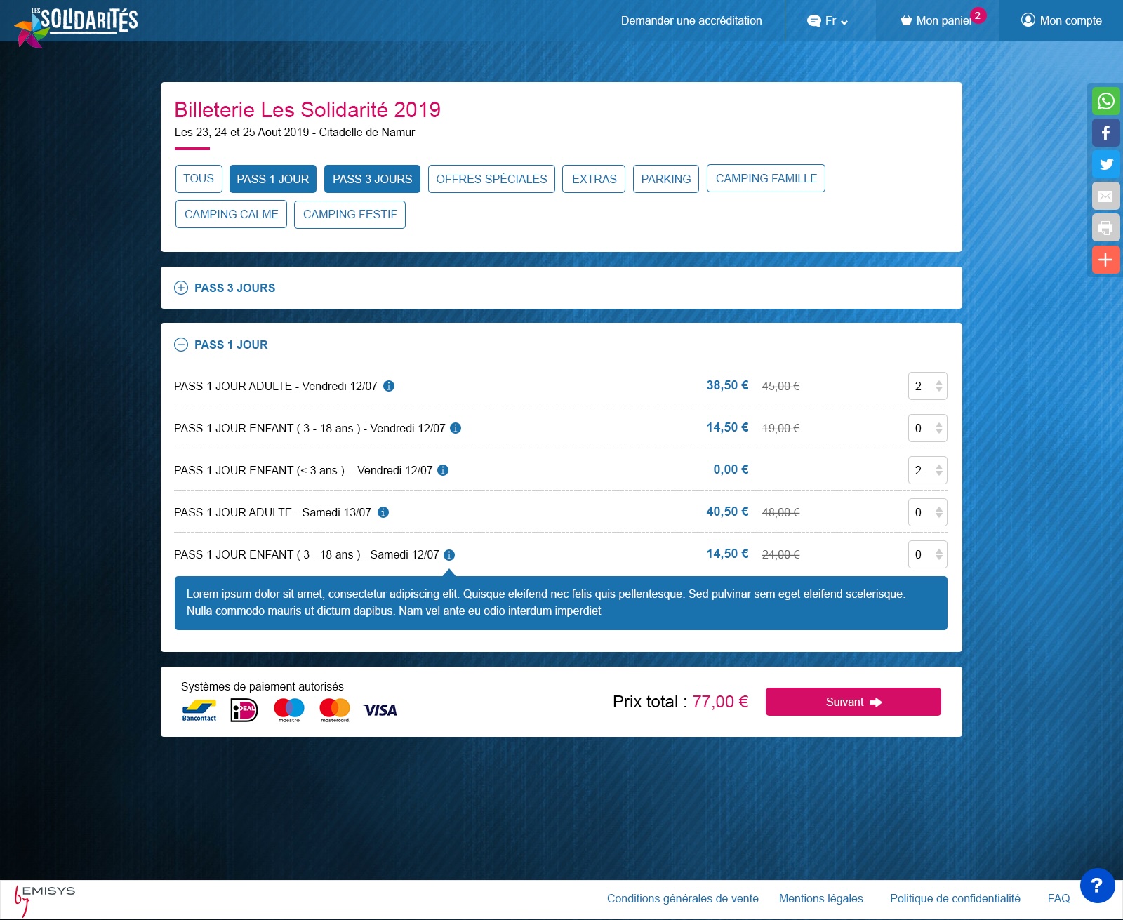 Interface web de vente de billets Emisys