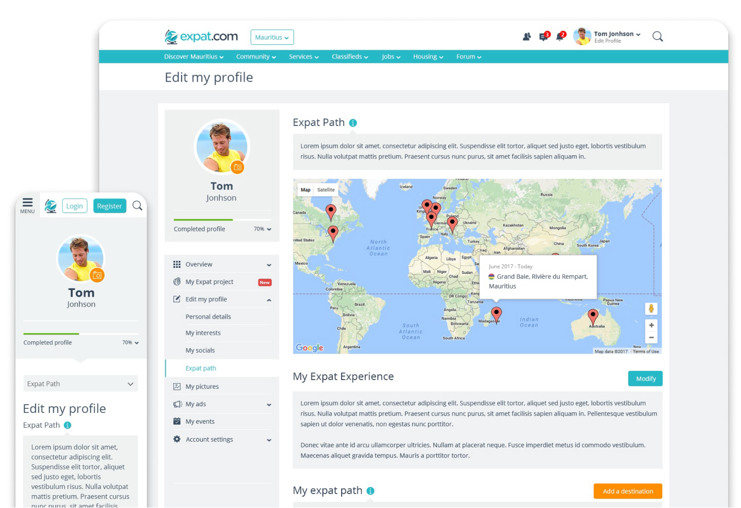 Design UI de la refonte Expat.com — deuxième vue desktop