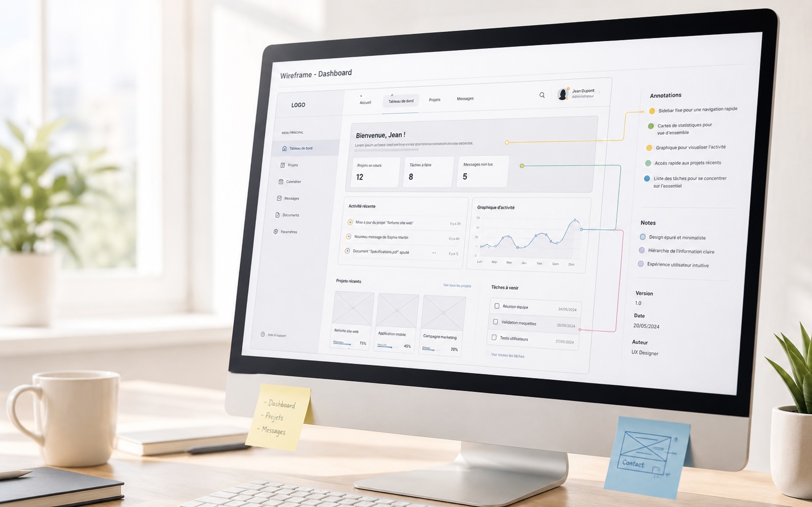Wireframes UX sur tableau blanc : structure d'une interface en cours de conception